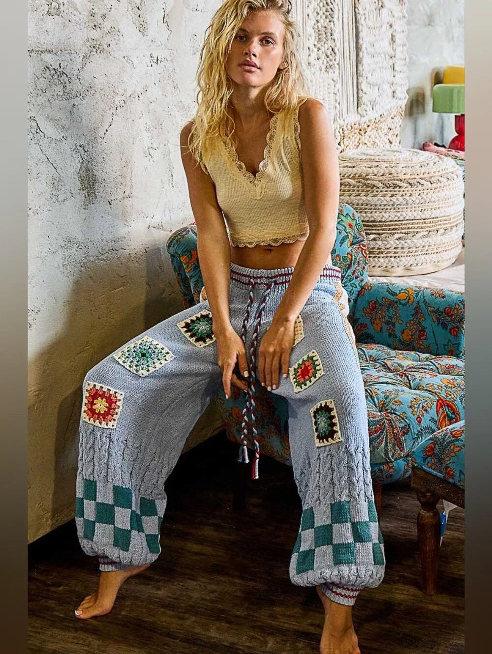 POL Crochet Granny Square Patch Chenille Sweater Cardigan Jogger Coordinated Set